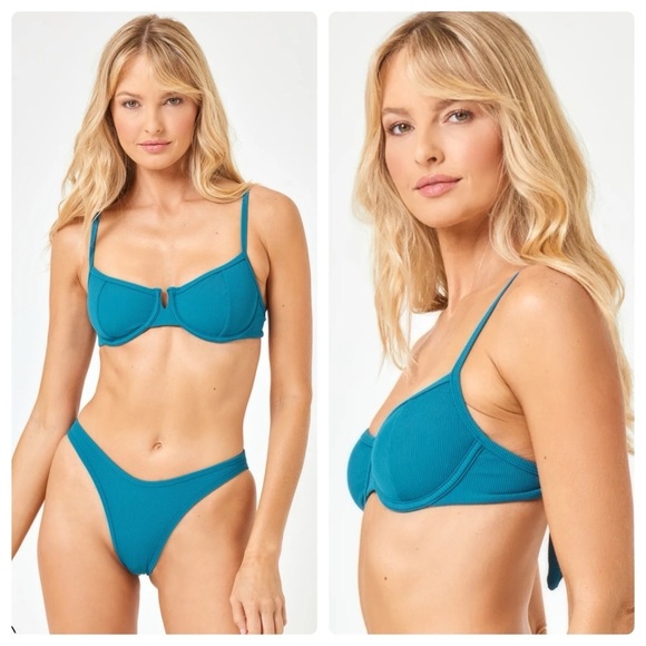 L*Space | Ribbed Hunter Demi Cup Bikini Top In Mediterranean Teal | S - Picture 1 of 9
